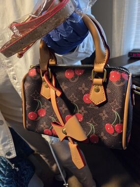 Cherry Print Mini Satchel - Black with Red Cherries